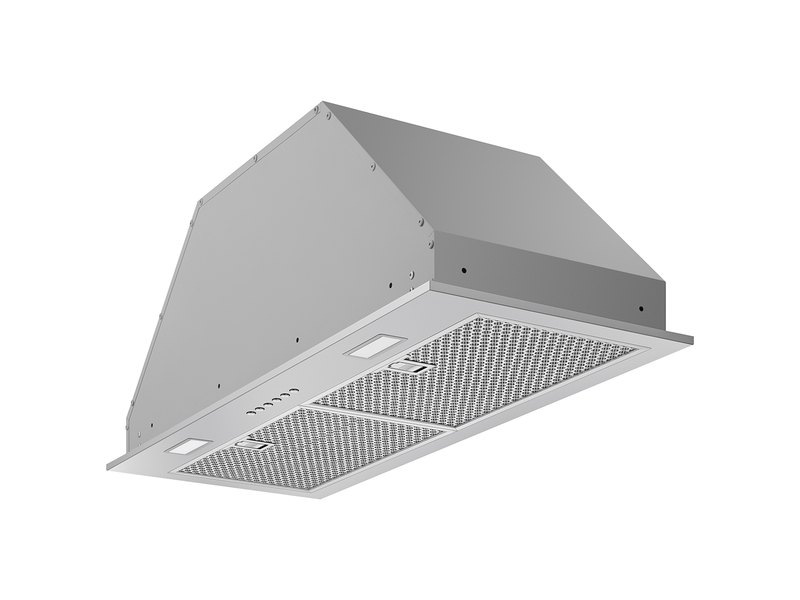 Angled view of the 30 Inch 600 CFM Range Hood Insert - VICTORY Q1 showcasing the heavy-duty 19-gauge stainless steel housing and recessed LED lights