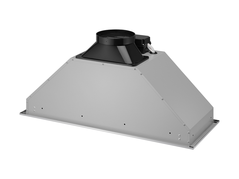 Top-rear view of the Victory Q1 range hood insert, showing the 6-inch round duct connection for ventilation