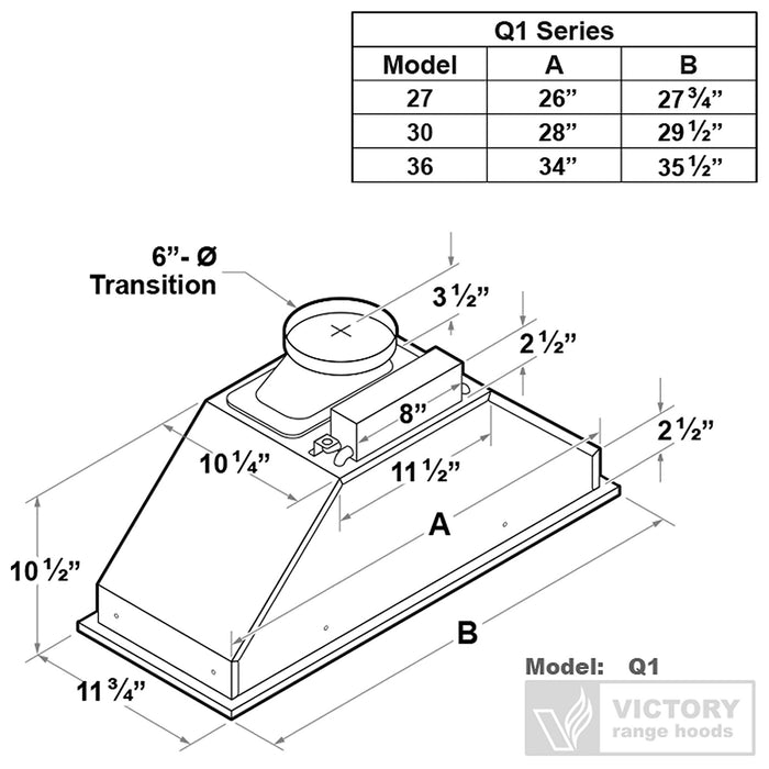 36 Inch 600 CFM Range Hood Insert - VICTORY Q1
