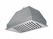 Detailed isometric view of the stainless steel range hood insert, showcasing the baffle filters and top duct collar