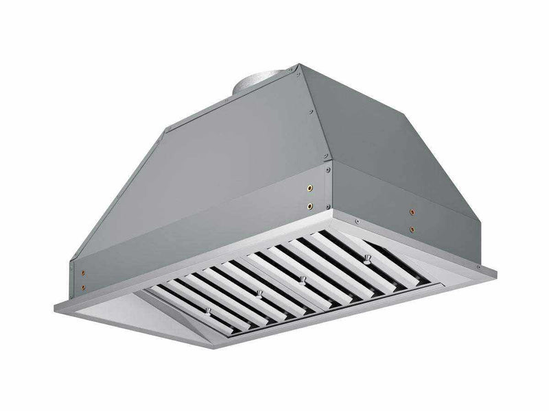 Angled profile of the 30 Inch 700 CFM Range Hood insert highlighting its durable stainless steel housing and dishwasher-safe baffle filters