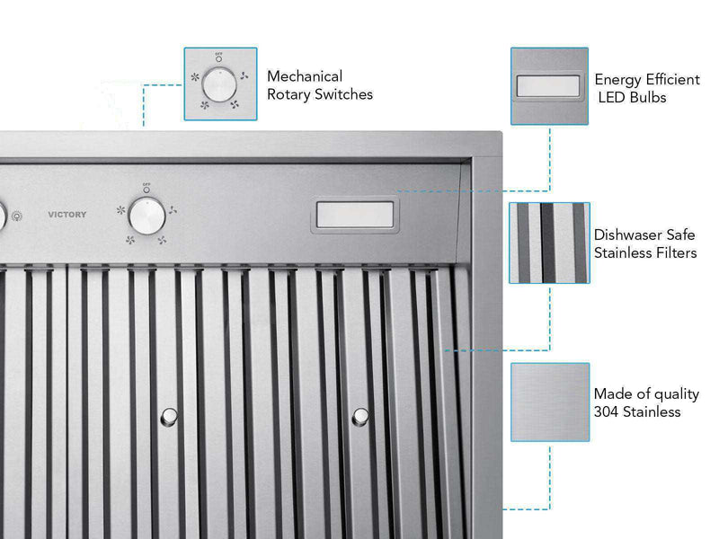 Technical features of the 36 Inch 700 CFM Range Hood Insert VICTORY Q2, featuring stainless steel, rotary switches, and dishwasher-safe baffle filters