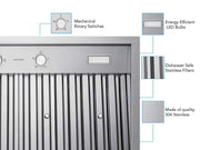 Close-up of the stainless steel range hood insert detailing the mechanical rotary switches, energy-efficient LED lighting, and 304 stainless steel construction
