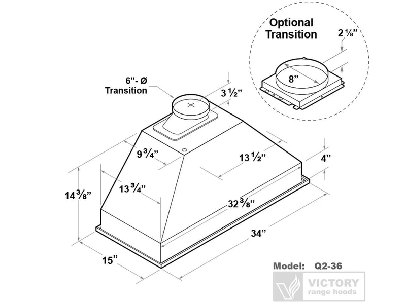 Technical dimensions diagram of a 36-inch range hood insert showing 34" width, 15" depth, and 6–8" duct transition options for custom cabinetry