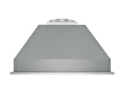 Technical rendering of a 36-inch range hood insert in a back exhaust configuration, showcasing the industrial 19-gauge stainless steel housing and professional baffle filters for efficient kitchen ventilation
