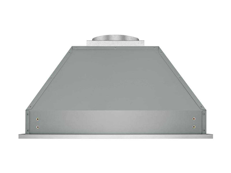 Rear view of the Victory Q2 range hood insert showing tapered stainless steel housing and top duct exhaust for easy cabinet installation