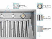 36 Inch 700 CFM Range Hood Insert diagram showing mechanical rotary switches, LED lights, dishwasher-safe stainless steel filters, and 304-grade stainless steel construction