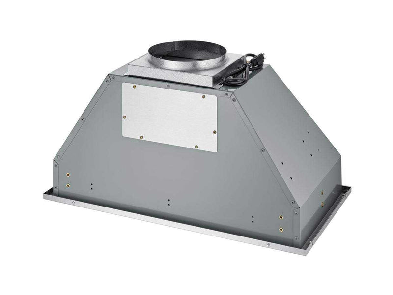 Top-angled view of the 30 Inch 700 CFM Range Hood insert showing its durable 19-gauge stainless steel housing, electrical power cord, and circular duct transition