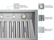 42 Inch 700 CFM Range Hood insert diagram showing mechanical rotary controls, LED lighting, and durable 304 stainless steel