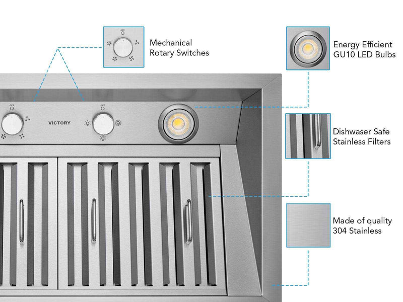 42 Inch 700 CFM Range Hood insert diagram showing mechanical rotary controls, LED lighting, and durable 304 stainless steel
