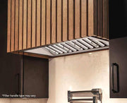 Modern 42 Inch 700 CFM Range Hood insert installed in a custom wood slat enclosure above a marble kitchen backsplash