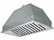 Angled view of the 36 Inch 700 CFM Range Hood Insert showing 19-gauge stainless steel, top exhaust outlet, and heavy-duty baffle filter assembly for custom cabinetry