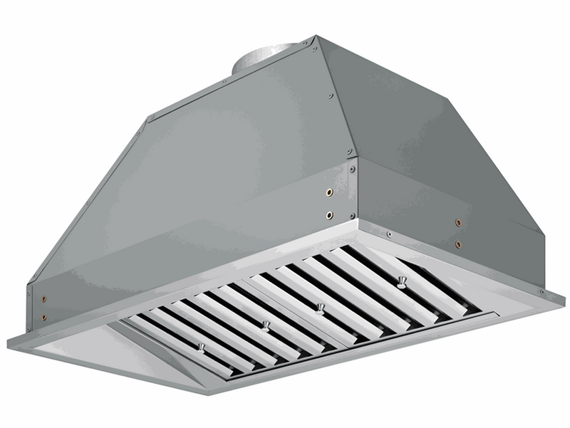 Angled view of the 36 Inch 700 CFM Range Hood Insert showing 19-gauge stainless steel, top exhaust outlet, and heavy-duty baffle filter assembly for custom cabinetry