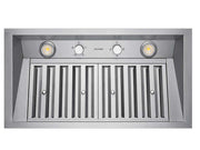 Underside view of a range hood insert showcasing dual dimmable LED lights, mechanical rotary control knobs, and two high-airflow stainless steel baffle filters for efficient kitchen ventilation