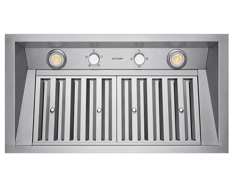 Underside view of a range hood insert showcasing dual dimmable LED lights, mechanical rotary control knobs, and two high-airflow stainless steel baffle filters for efficient kitchen ventilation