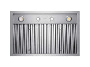 Bottom-up view of the VICTORY Q5 showing the stainless steel baffle filters, dual LED lights, and heavy-duty mechanical rotary control knobs