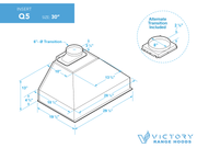 Technical diagram of the Victory Q5 range hood insert with exact mounting points and cabinet cutout dimensions