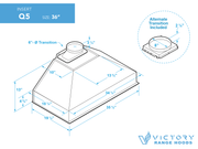 Technical dimensions of the 36 Inch 750 CFM Range Hood Insert showing precise 19-inch depth for custom cabinet installation