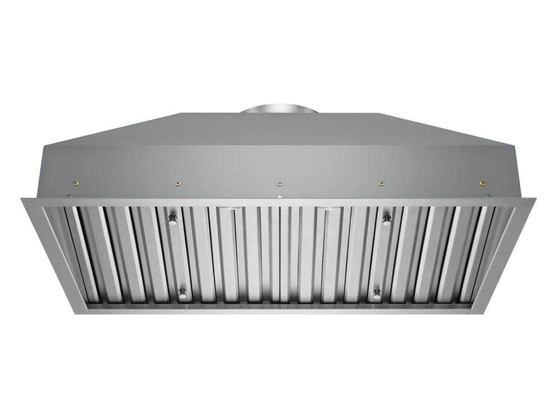 Under-view of a 42 Inch 750 CFM Range Hood insert showing professional stainless steel baffle filters and 304 grade steel