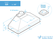 Technical dimensions diagram for a 42-inch range hood insert showing cabinet cut-out sizes and 6-inch to 8-inch duct options