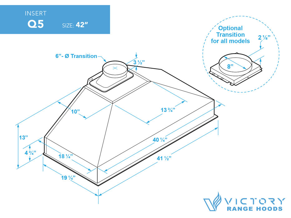 42 Inch Range Hood Insert with 450/600 CFM Remote Blower - VICTORY Q5