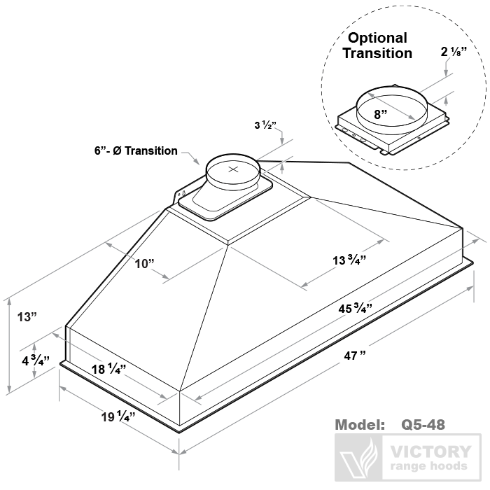 measurements for victory q5 model from victory range hoods