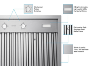 42 Inch 750 CFM Range Hood insert highlighting mechanical rotary switches, dimmable LEDs, and 304 steel build