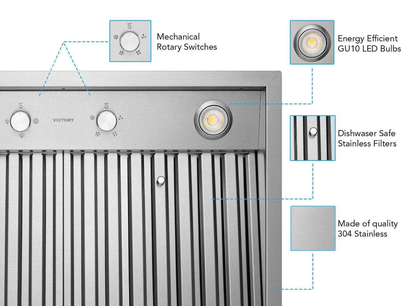 Diagram of the 30 Inch 750 CFM Range Hood Insert highlighting mechanical switches, LED bulbs, and 304 stainless steel