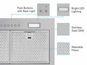 Close-up of the 21 Inch 600 CFM Range Hood Insert Victory Q6 showing back-lit push buttons and washable filters