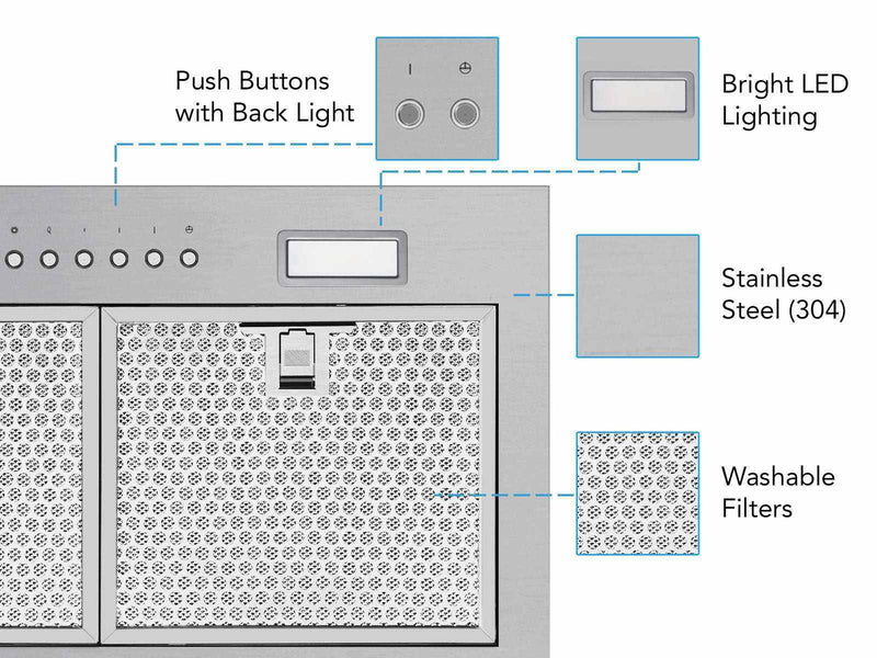 Close-up of the 21 Inch 600 CFM Range Hood Insert Victory Q6 showing back-lit push buttons and washable filters