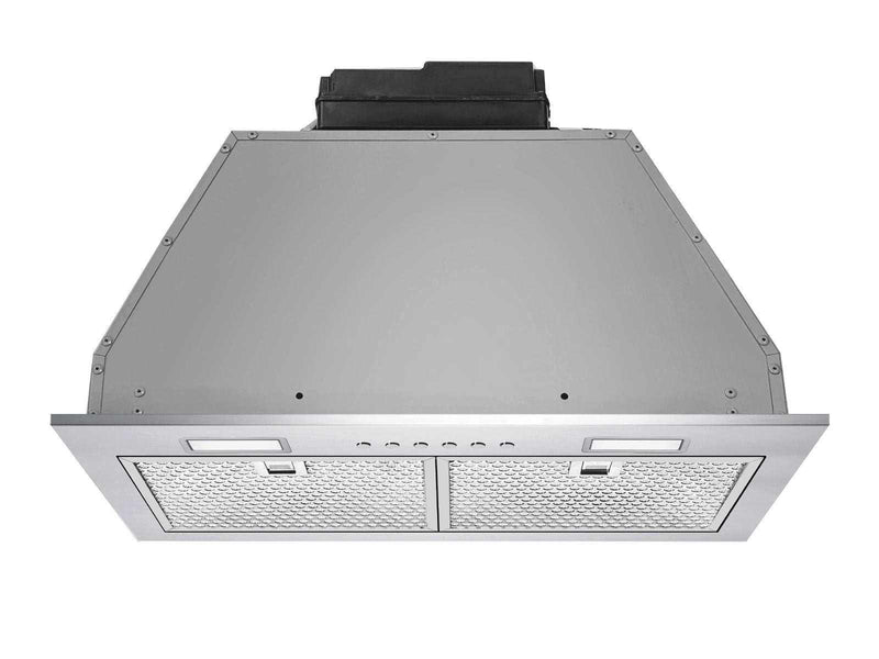 Angled view of the 21 Inch 600 CFM Range Hood Insert Victory Q6 showing stainless steel housing and top-mounted motor