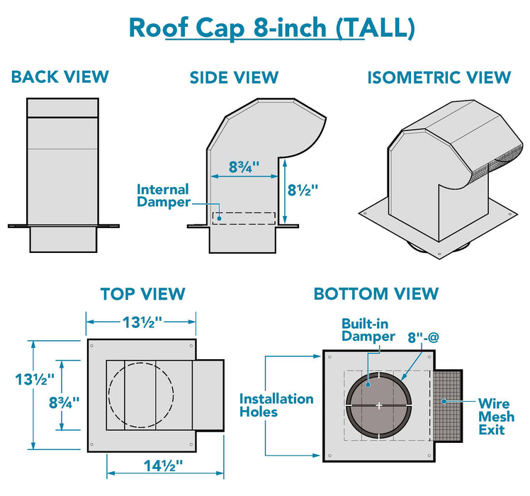 Galvanized Steel Roof Cap - 8" Duct