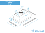 Dimension diagram for VICTORY Star-36 range hood insert showing 33-inch body width, 35 3/8-inch trim width, and 8-inch round duct connection