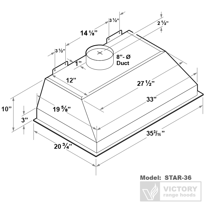 Top and side view diagram of the Victory Star insert showing 8-inch duct placement and mounting dimensions for cabinet installation