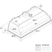 Technical dimensions diagram of the Victory Star range hood insert showing 47 3/16-inch width, 20 3/4-inch depth, and 8-inch round duct size