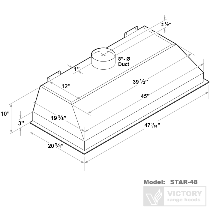 Technical dimensions diagram of the Victory Star range hood insert showing 47 3/16-inch width, 20 3/4-inch depth, and 8-inch round duct size