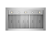 Underside view of the Victory Star range hood insert showing six stainless steel baffle filters and three LED lights across the cooking area