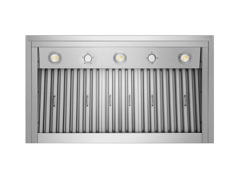 Underside view of the Victory Star range hood insert showing six stainless steel baffle filters and three LED lights across the cooking area