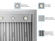 Close-up of the range hood control panel with mechanical rotary switches, dimmable LED lights, and 304 stainless steel finish