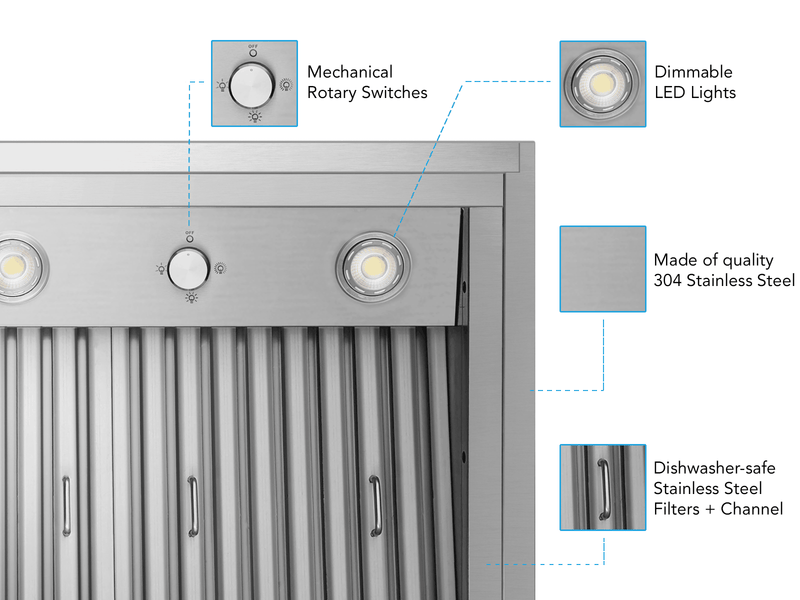 Close-up of the range hood control panel with mechanical rotary switches, dimmable LED lights, and 304 stainless steel finish