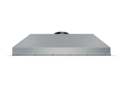 Side profile of a sleek 304 stainless steel range hood insert featuring a slim-profile chassis and top-venting 8-inch round duct exhaust