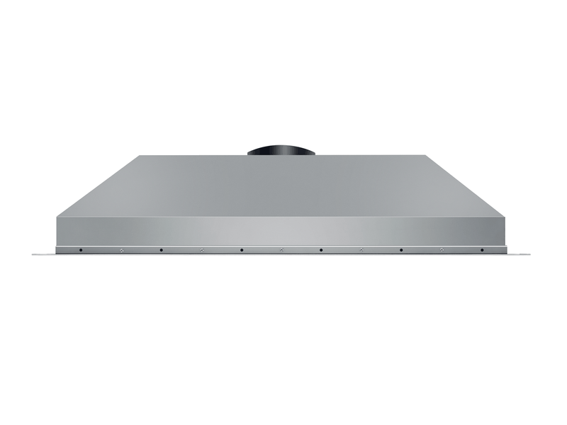 Side profile of a sleek 304 stainless steel range hood insert featuring a slim-profile chassis and top-venting 8-inch round duct exhaust