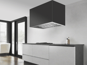 Open-concept kitchen showing a matte black island hood enclosure with a stainless steel Victory Star insert above a gas cooktop and baffle filters
