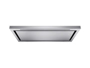 600 CFM ceiling mount range hood with remote and LED lights in modern kitchen