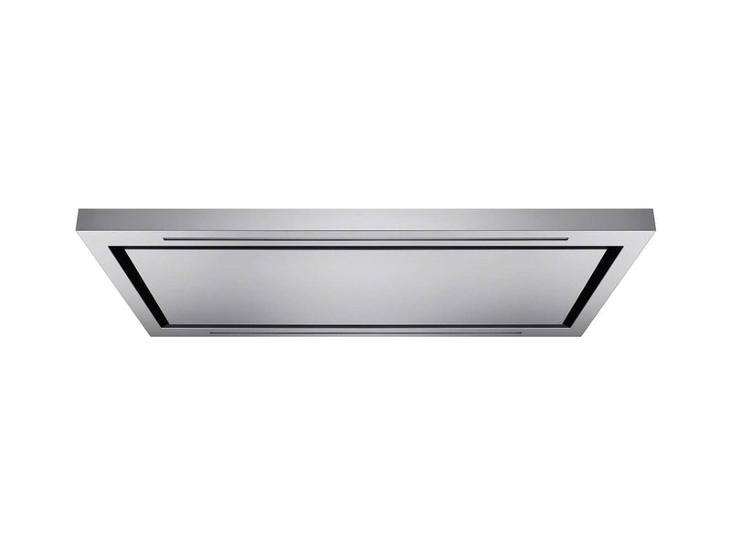600 CFM ceiling mount range hood with remote and LED lights in modern kitchen