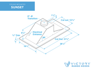 Technical dimensions diagram of the VICTORY Sunset ceiling mount range hood, showing 31-3/4" × 12-3/4" cut-out and 38-1/2" × 19-1/2" overall footprint
