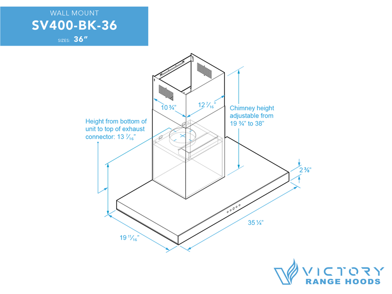 36 Inch 600 CFM Black Wall Mount Range Hood - VICTORY SV400Z-BK