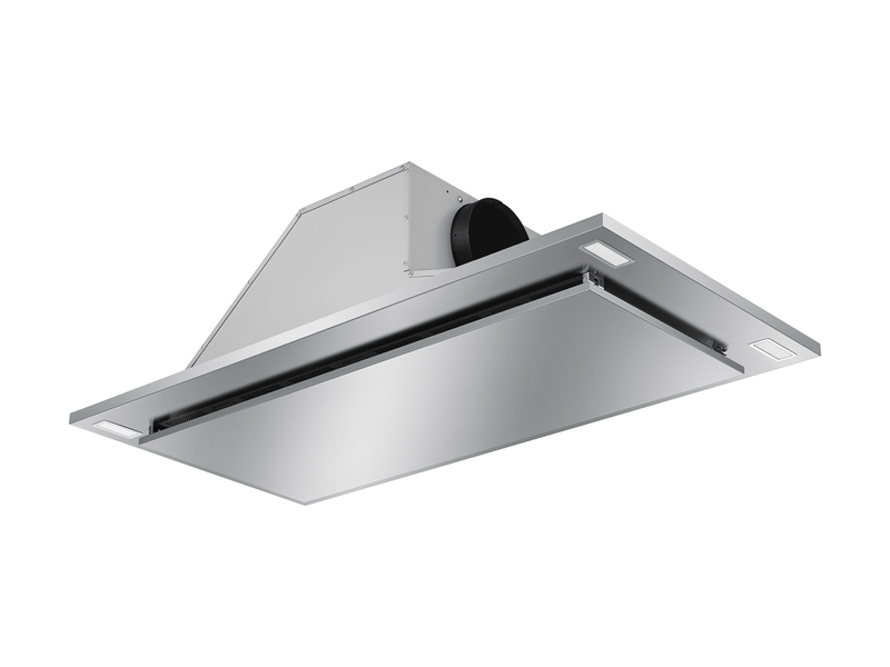 Side profile of the 600 CFM Flush Ceiling Mount Range Hood – VICTORY Sunset housing, showing the 6-inch duct connection for side or top exhaust installation