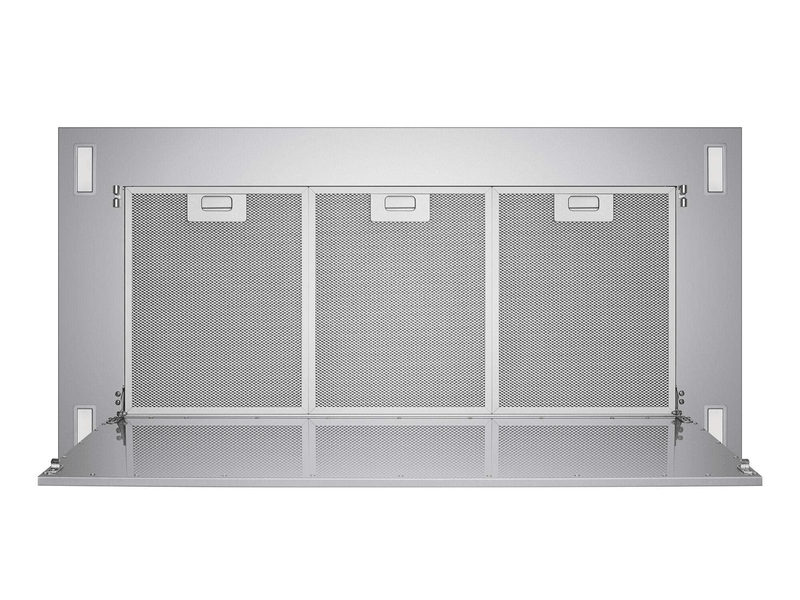 Internal view of the VICTORY Sunset with door open, showing three washable aluminum mesh filters that trap grease and smoke