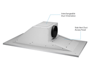 Angled view of the 600 CFM Flush Ceiling Mount Range Hood – VICTORY Sunset internal housing, compact 10-inch height fits shallow ceilings